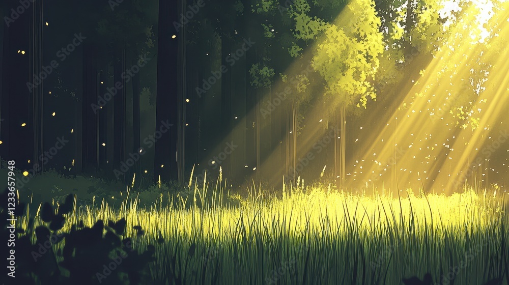 Obraz premium Serene Forest Clearing with Soft Sunlight and Glowing Fireflies