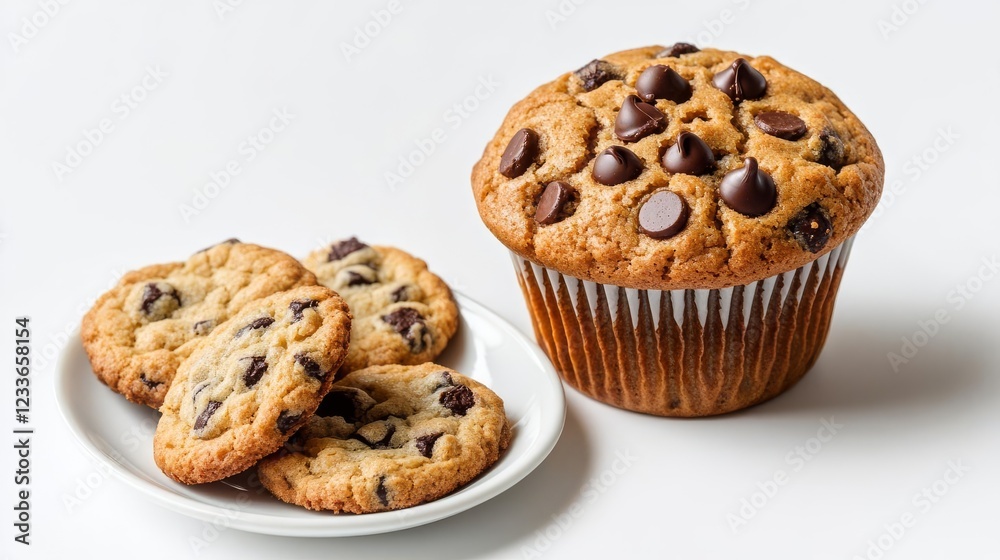 A chocolate chip muffin paired with a latte, trendy coffee shop vibe, isolated on white background A chocolate chip muffin paired with a latte, trendy coffee shop vibe, isolated on white background