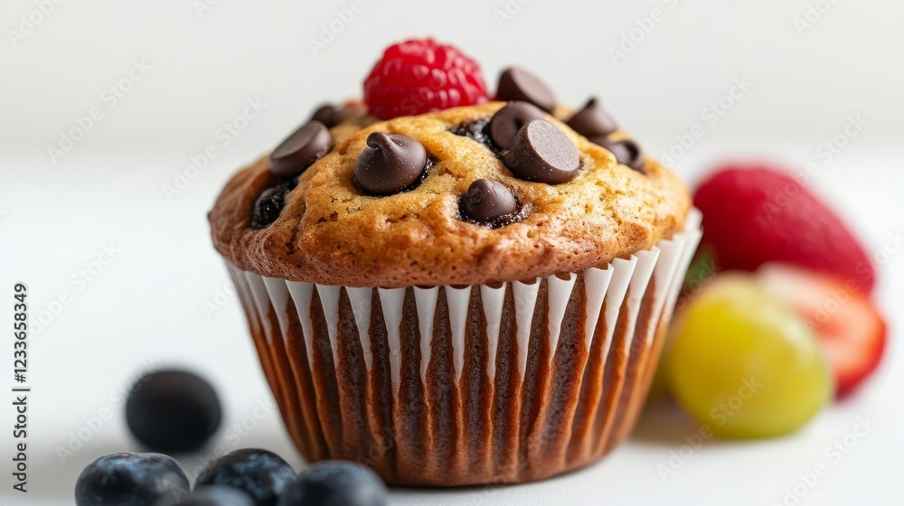 A chocolate chip muffin paired with fresh strawberries, vibrant and inviting, isolated on white background A chocolate chip muffin paired with fresh strawberries, vibrant and inviting, isolated on white background