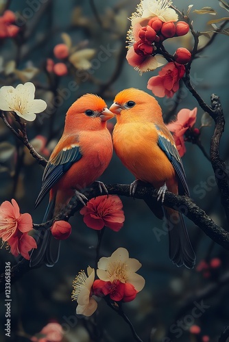 Tropical Lovebirds Cuddling on Flowering Tree Branch in Spring