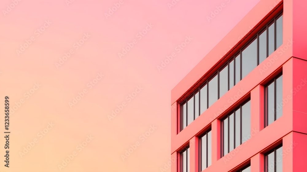 Fototapeta premium Minimalist Pastel Pink and Orange Gradient Office Building in Urban 3D