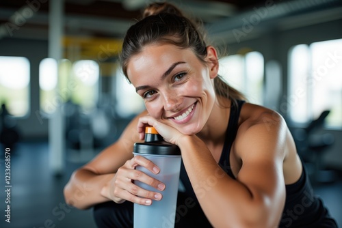 A Smiling Young Woman Posing with a Water Bottle in a Modern Gym Environment, Radiating Confidence and Fitness Enthusiasm