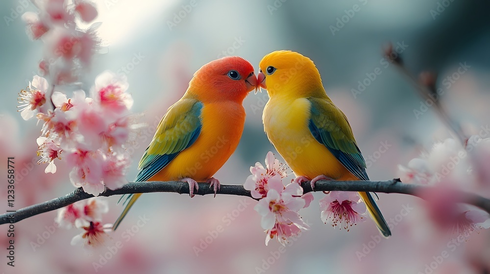 Fototapeta premium Adorable Lovebirds Perched on a Blooming Branch Celebrating the Beauty of Nature and Companionship