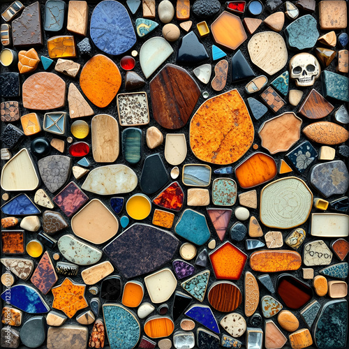 Vibrant mosaic of diverse shapes, sizes, textures, and colors, combining seemingly mismatched elements in harmonious photo