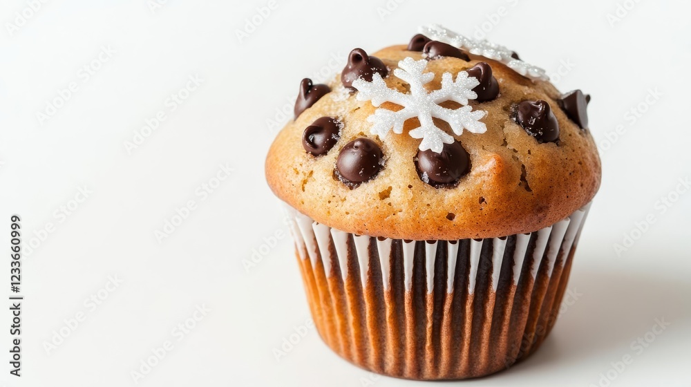 A chocolate chip muffin styled as a holiday treat with snowflake decorations, festive concept, isolated on white background A chocolate chip muffin styled as a holiday treat with snowflake decorations, festive concept, isolated on white background