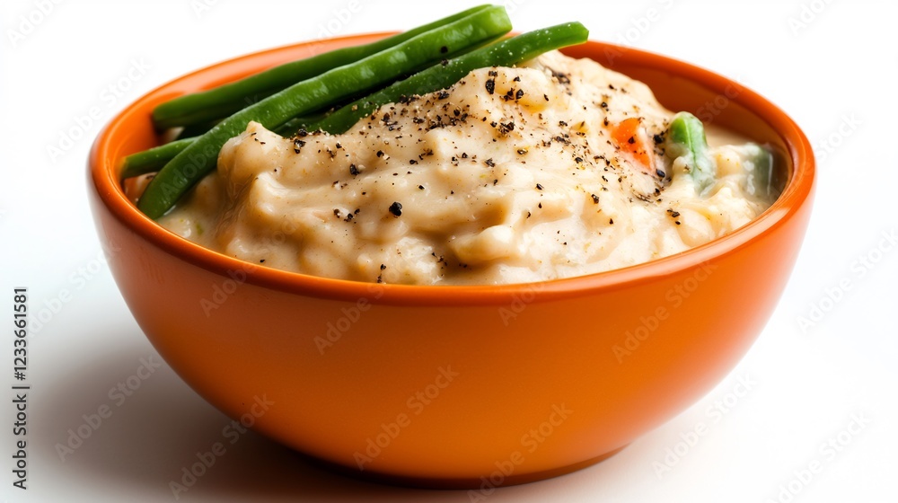 Creamy Mashed Potatoes with Green Beans in Orange Bowl Creamy Mashed Potatoes with Green Beans in Orange Bowl