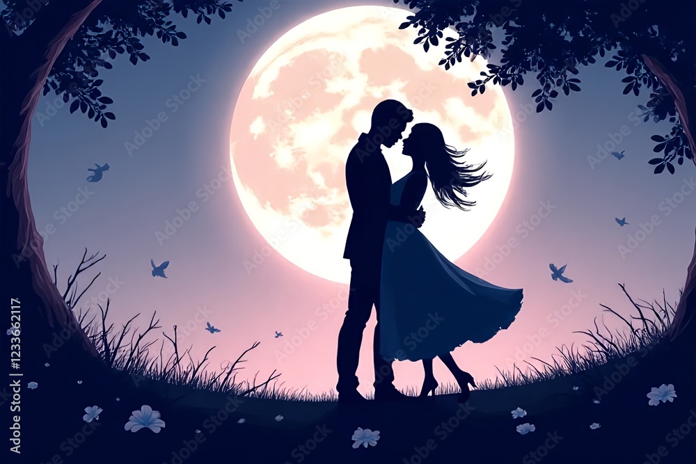 a couple dancing in the moonlight, romantic atmosphere Isolated on white background