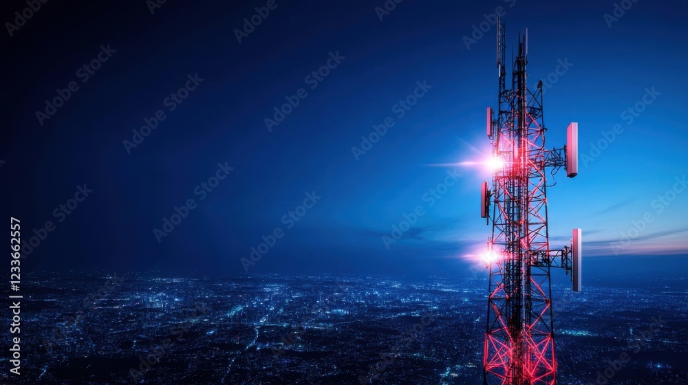 Tower Against Night Sky with Bright Lights Overlooking Cityscape Full of Lights and Connectivity