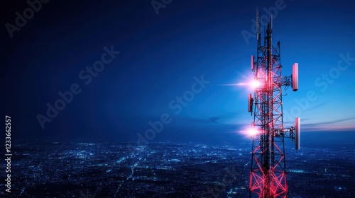 Obraz na płótnie Tower Against Night Sky with Bright Lights Overlooking Cityscape Full of Lights and Connectivity w salonie