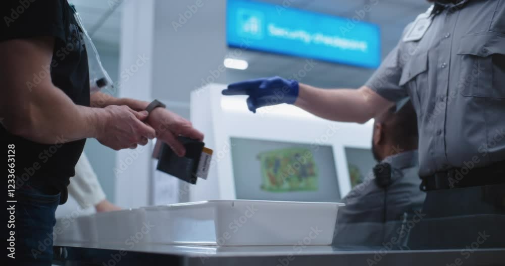 Airport Security Checkpoint during Boarding Flight. Diverse Passengers Put Personal Belongings in Plastic Trays for Scanning: Tablet Computer, Phone, Documents. Security Officers Control Procedures. Airport Security Checkpoint during Boarding Flight. Diverse Passengers Put Personal Belongings in Plastic Trays for Scanning: Tablet Computer, Phone, Documents. Security Officers Control Procedures.