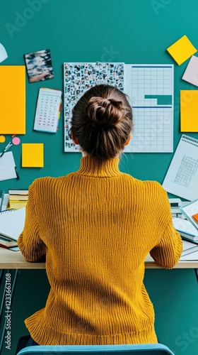 Woman in Yellow Sweater Concentrating on Creative Workspace with Notes and Charts