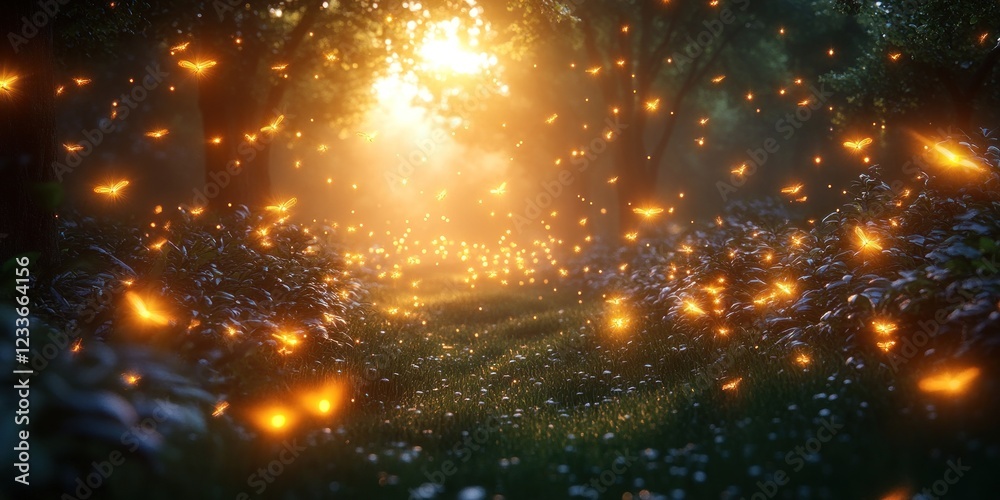 Naklejka premium Enchanted Firefly Forest Path at Sunset