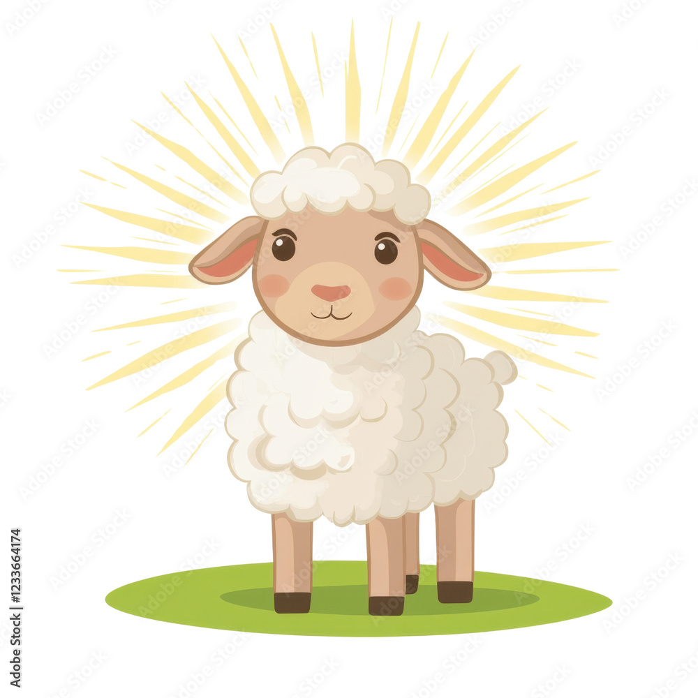 Fototapeta premium Cute Cartoon Sheep with Soft Wool and Bright Rays of Sunshine
