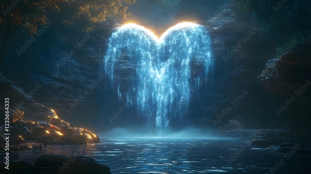 Naklejka premium Glowing Waterfall Heart Creating Mystical and Ethereal Landscape with Celestial Vibes