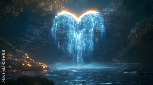Glowing Waterfall Heart Creating Mystical and Ethereal Landscape with Celestial Vibes