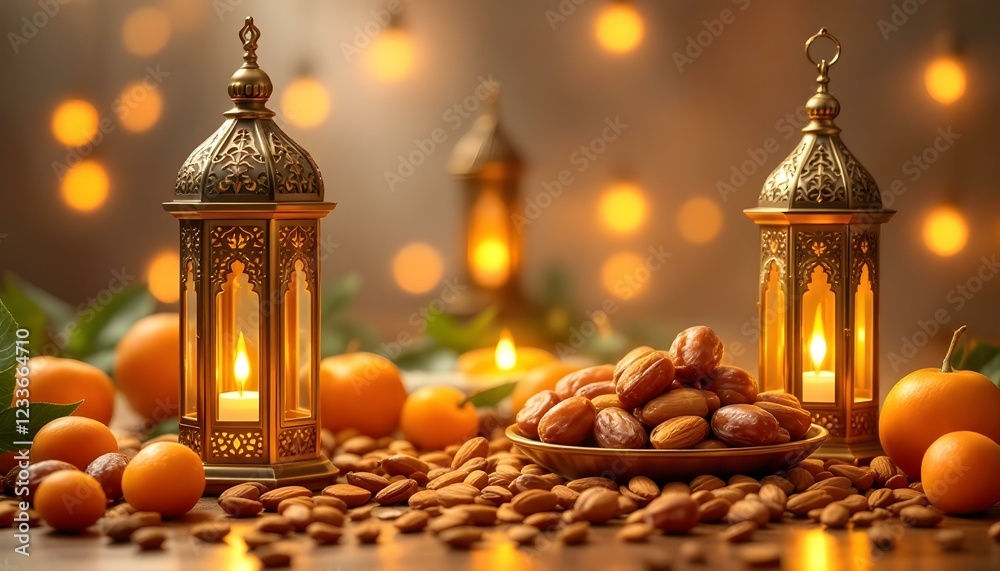 Naklejka premium Ramadan Festive Lantern Dates Almonds Image
