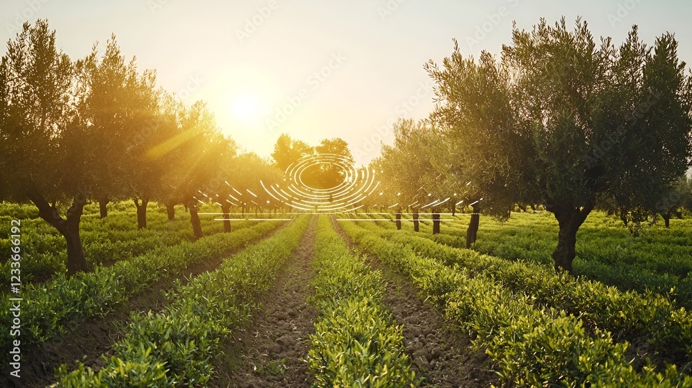 Fototapeta premium Sunset olive grove, rows of trees, agricultural landscape, farming