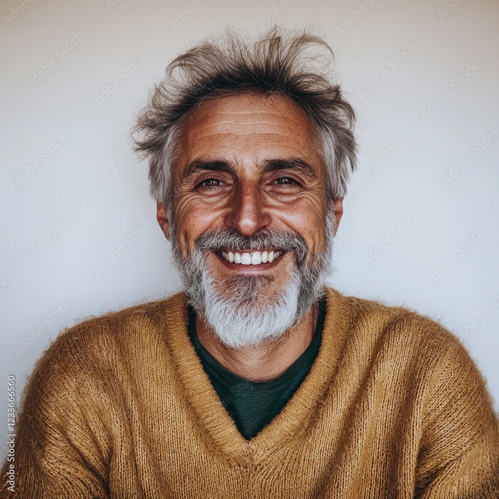 Obraz premium Happy Senior Man Smiling Portrait Grey Hair Beige Sweater
