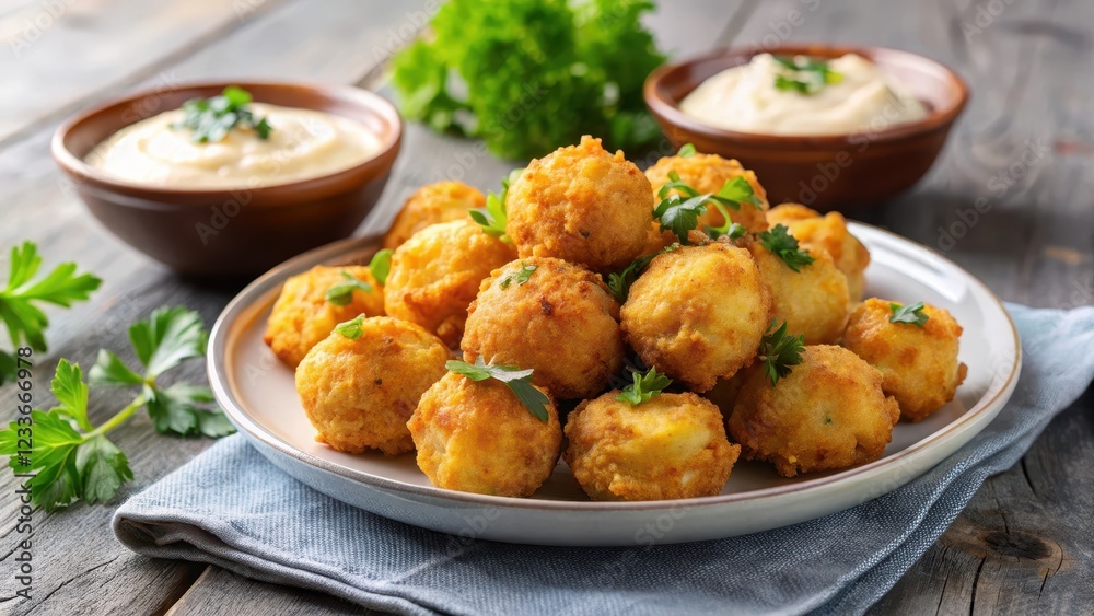 Crispy golden conch fritters on a plate ,conch, conch, fritter, food, golden, seafood, meal Crispy golden conch fritters on a plate ,conch, conch, fritter, food, golden, seafood, meal