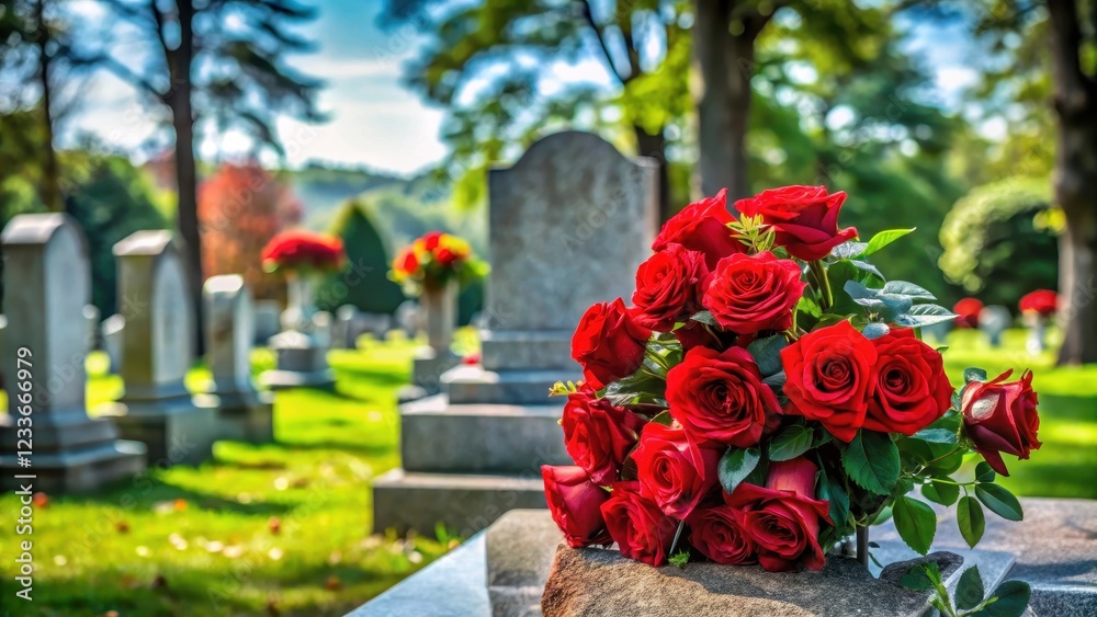 A serene and peaceful grave site adorned with vibrant red roses in full bloom , death, still life, death, still life A serene and peaceful grave site adorned with vibrant red roses in full bloom , death, still life, death, still life