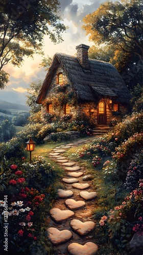 Enchanting Storybook Cottage Nestled in a Lush Woodland Garden at Sunset