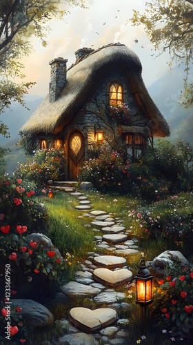 Enchanting Storybook Cottage in Dreamy Countryside Landscape at Sunset