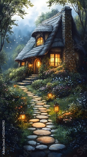 Enchanting Storybook Cottage with Glowing Lanterns and Tranquil Woodland Path
