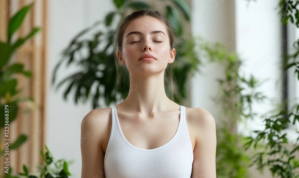 Woman meditating, serene indoor plants. Wellness, relaxation, peace Woman meditating, serene indoor plants. Wellness, relaxation, peace