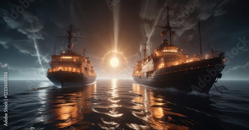 Wallpaper Mural Ships with blazing lights and white rays on floating grids, glowing, high-tech, radiant glow Torontodigital.ca