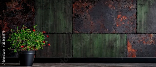 Industrial Chic  Green   Rusted Metal Wall Texture with Potted Plant photo