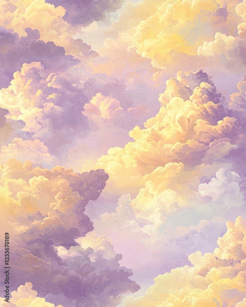 Soft yellow to pale lilac gradient stripes, dotted with glowing, fluffy cloud formations, perfect for a peaceful and soft backdrop in any space. Soft yellow to pale lilac gradient stripes, dotted with glowing, fluffy cloud formations, perfect for a peaceful and soft backdrop in any space.