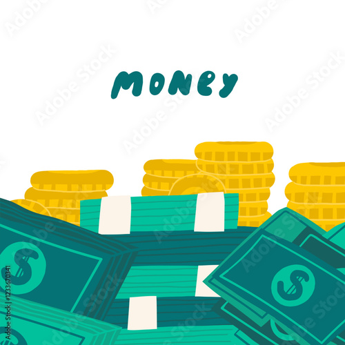 Cute hand drawn doodle money banner, border with pile, stack of coins, dollars, currency, gold. Business, investment, financial, economy, payment background, illustration with objects