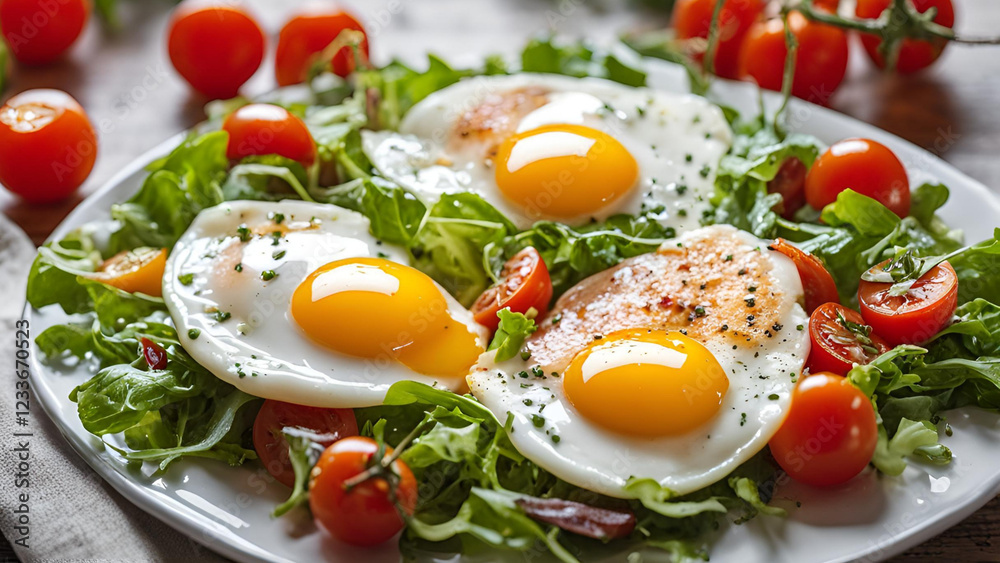 A plate of three sunny-side-up eggs served on a bed of fresh mixed greens