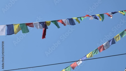 A close-up pan across the vibrant prayer flags adorning a stupa in Kathmandu, capturing the intricate details and spiritual symbolism of these colorful banners as they flutter in the wind