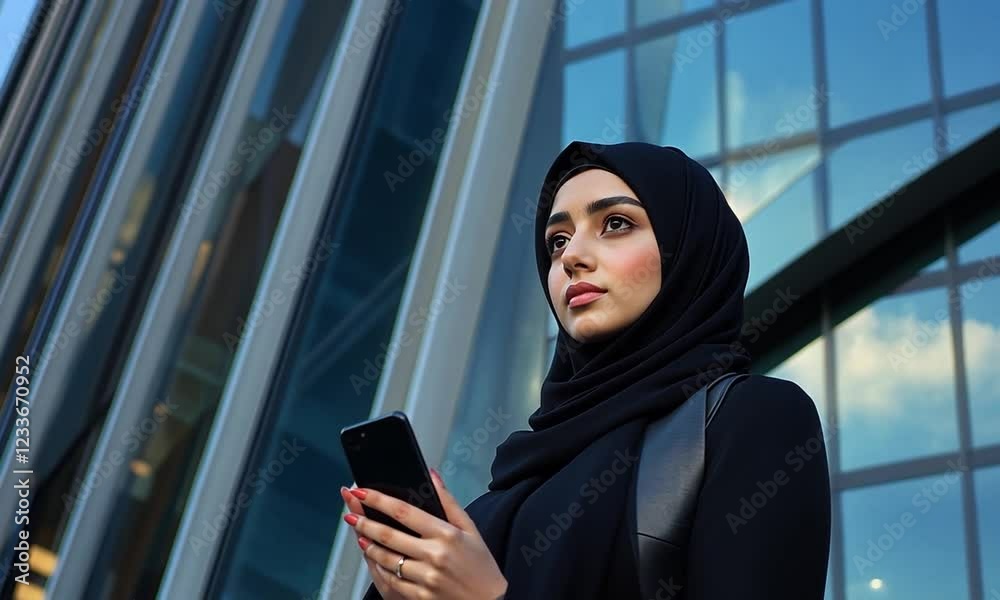 Young woman in hijab using smartphone outside modern building Young woman in hijab using smartphone outside modern building