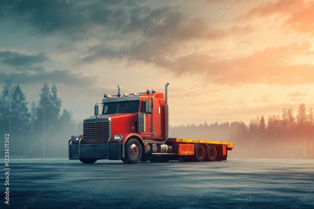 Red flatbed truck sunset forest highway transport Red flatbed truck sunset forest highway transport