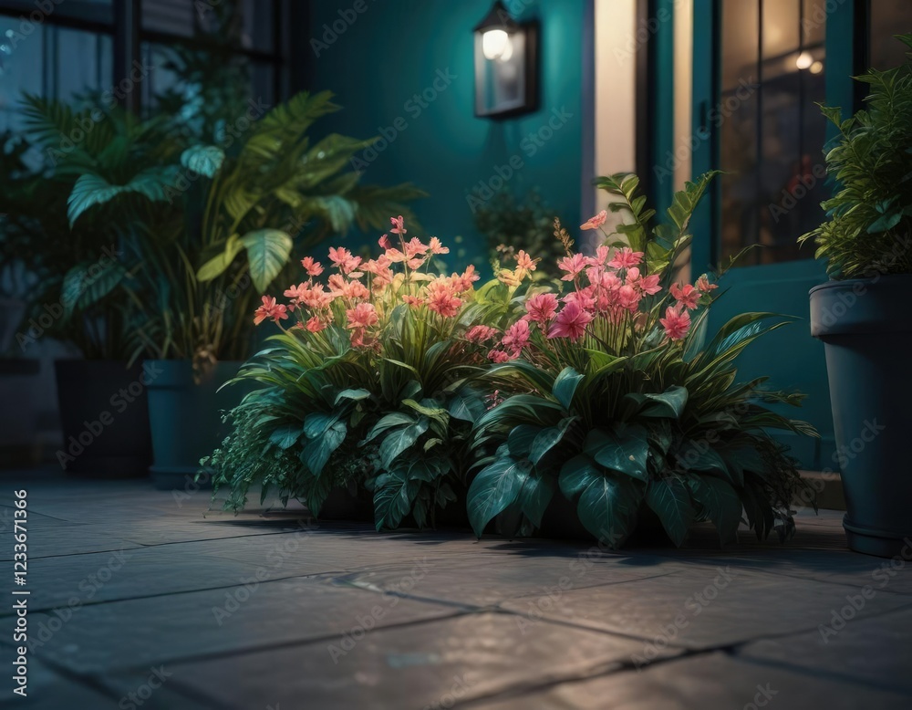 Fototapeta premium Softly glowing plants on a dark teal patio at night , garden decor, evening ambiance, botanicals