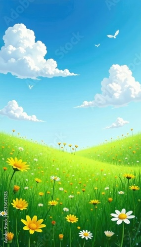 Softly scattered white clouds float above a serene green meadow, yellow flowers, blue sky