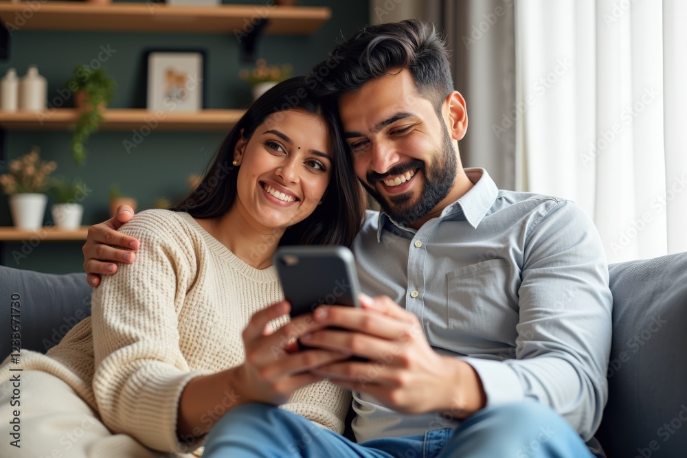 A Young Couple Enjoying a Cozy Moment Together on a Couch While Engaged with Their Smartphone in a Warm and Inviting Home Environment A Young Couple Enjoying a Cozy Moment Together on a Couch While Engaged with Their Smartphone in a Warm and Inviting Home Environment