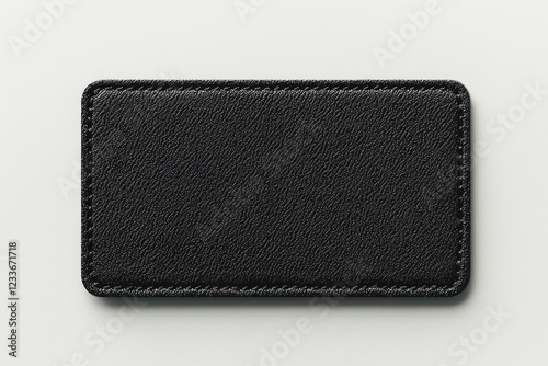 Rectangular patch in black with fine embroidery, showcased on a minimalist white surface.