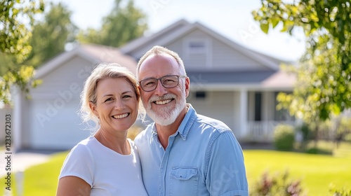 Happy senior couple smiling, new home, sunny day, suburban background, real estate