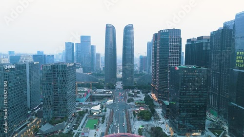 Aerial view of Chengdu’s Tiantou International Business Center, highlighting sleek skyscrapers and a bustling urban landscape. A showcase of modernity and economic progress in China.