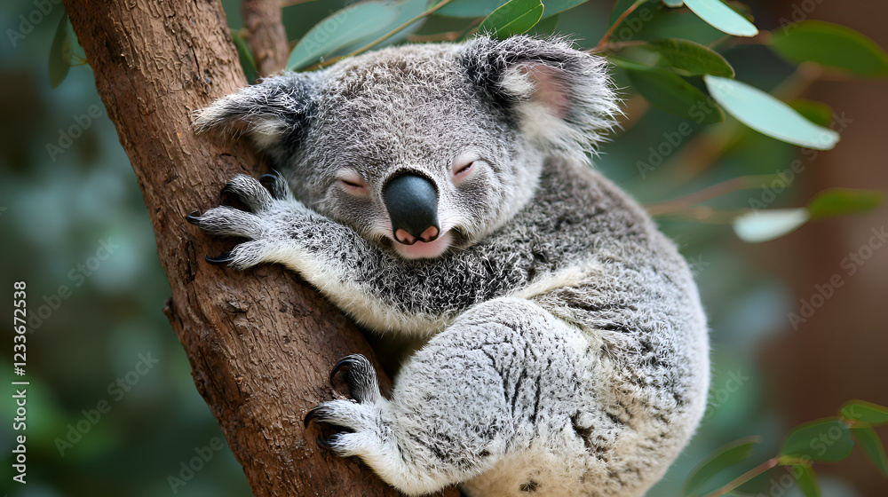 Naklejka premium Adorable Sleeping Koala in Eucalyptus Tree Peacefully Resting in Australian Wildlife Habitat
