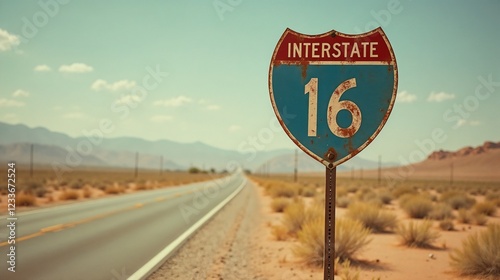 Old interstate 16 sign on a dusty road in a remote desert landscape surrounded by mountains during a clear sunny day