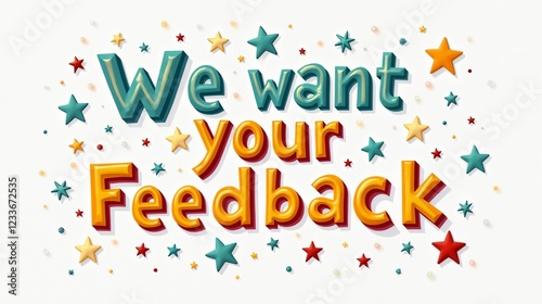 Engaging request for audience opinions with colorful typography and playful star motifs encouraging participation in feedback
