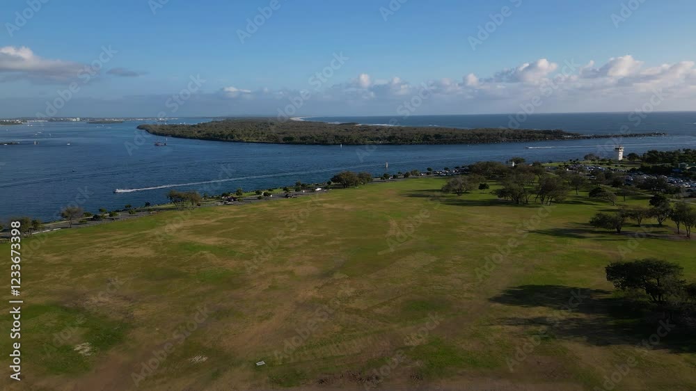 Aerial View over Doug Jennings Park looking North towards South Stradbroke Island, Gold Coast, Australia.
