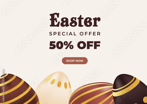 Easter special offer background realistic chocolate eggs with golden pattern. Promotion, shopping template. Vector illustration of brown,beige colors. Concept for ad, sale, discount, voucher