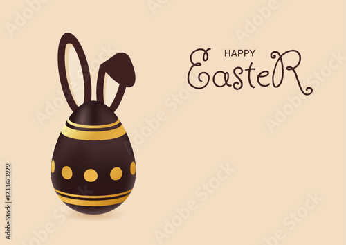 Happy Easter banner. Holiday greeting background with dark chocolate golden egg and bunny ears. Spring vector illustration