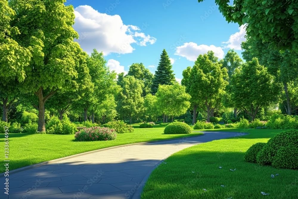 Sunny park path, lush trees, blue sky, walkway, landscaping design Sunny park path, lush trees, blue sky, walkway, landscaping design