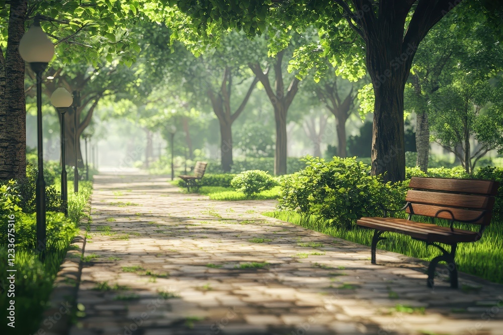 Sunlit park path, benches, trees, morning mist, relaxation Sunlit park path, benches, trees, morning mist, relaxation